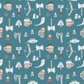 Vikings seamless pattern with viking helmet, weapon, bow and warrior axe, childish scandinavian vector background, kids apparel,