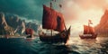 Vikings, their ships and famous Viking campaigns. Generative AI