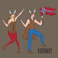 Vikings warriors nordic boy and girl, scandinavian man and woman in helmet. Norwegian culture, Morway