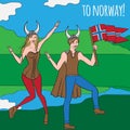 Vikings warriors nordic boy and girl, scandinavian man and woman in helmet. Norwegian culture and nature, Morway landscape