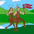 Vikings warriors nordic boy and girl, scandinavian man and woman in helmet. Norwegian culture and nature, Morway landscape