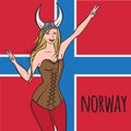 Vikings warriors nordic girl, scandinavian woman in helmet. Norwegian culture, Morway