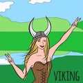 Vikings warriors nordic girl, scandinavian woman in helmet. Norwegian culture and nature, Morway landscape