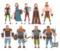 Vikings with Weapon and Ancient Draccar Set, Medieval Male and Female Warriors, Scandinavian Mythology Characters in