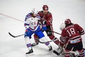 Viktor Tikhonov L, Marc Zanetti C, during Kontinental Hockey League KHL 2018/2019 season game Din