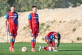 Viktoria Plzen players Roman Kvet, Lukas Kalvach and Erik Jirka before a free kick