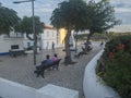 Vila Nova de Milfontes, Portugal, October 25, 2021: Central square at Vila Nova de Milfontes with white, blue and yellow Royalty Free Stock Photo