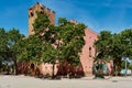 Viladecans - May 28, 2023: The sculpture 'The baseball glove', next to the Red Tower.