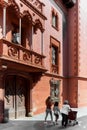 Viladecans - May 27, 2023: View of one of the entrance doors of the castle-shaped building, headquarters of the