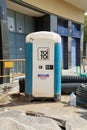 Viladecans, Spain - September 17, 2023: Portable temporary plastic bathroom for construction work on the street.