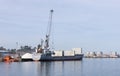 Screne of a Cargo ship loading gravel at the port of Vilagarcia de Arousa, Pontevedra, Royalty Free Stock Photo