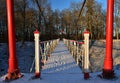 Viljandi suspension bridge shooted in sunny winter day. Some snow on the bridge and footmarks