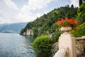 Villa Balbianello. Lake Como. Stunning Landscape on Lake Como. Italy. Stone Vase with Flowers in the Park