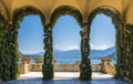 Scenic balcony overlooking Lake Como in the famous Villa del Balbianello, in the comune of Lenno. Lombardy, Italy. Royalty Free Stock Photo