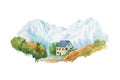 Villa and garden in mountains watercolor illustration.