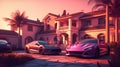 Villa and Luxury cars. Sport cars in courtyard near a luxury villa.