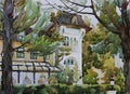 Villa Sofia among the trees watercolor Royalty Free Stock Photo