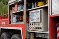 Villach, Austria - June 07, 2025: Fire truck equipment panel showcasing various tools and controls, emphasizing the operational Royalty Free Stock Photo