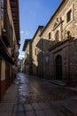 VILLAFRANCA DEL BIERZO, SPAIN - FEBRUARY 03, 2021: Water street in the old town of Villafranca in the way of Santiago trekking.