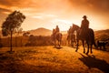 Villafranca del Bierzo, Spain - Three People Horse Riding into the Sunset Royalty Free Stock Photo