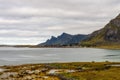 Village along the coastline and high mountains on Lofoten islands
