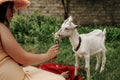 Village animals. Happy pregnant woman hugs goat, concept of unity of nature and man. Life in the countryside.