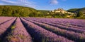 The village of Banon in Provence with lavender fields in summer at sunrise. South of France Royalty Free Stock Photo