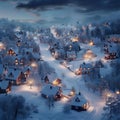 Village blanketed in snow, illuminated by soft night lights