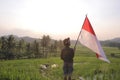 A village boy is waving the indonesian flag in the middle of a green rice field