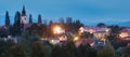 Village Budmerice at night with church, Slovakia