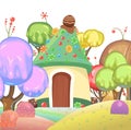 Village with candy garden and lollipop trees. Sweet caramel fairy house. Summer cute landscape. Illustration in cartoon