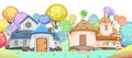 Village with candy garden. Sweet caramel fairy house. Summer cute landscape. Illustration in cartoon style flat design Royalty Free Stock Photo