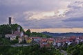 A view of Castellino Tanaro, with its ancient tower, in the Langhe, Piedmont, Italy. Royalty Free Stock Photo