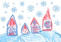 Village christmas landscape in snowfall. Like kids hand drawn crayon or pencil house in falling snowflakes.