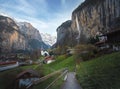 Village Church in a beautiful valley in the middle of Alps Mountains - Lauterbrunnen, Switzerland