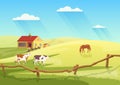 Village dairy farm with cows, rural ranch countryside summer landscape and farmhouse Royalty Free Stock Photo