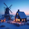 Village at dawn, winter season.