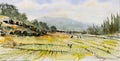 Village families, rice field, farmer farm with mountain paintings Royalty Free Stock Photo