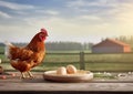 Village farm landscape with chicken and eggs on wooden table.Macro.AI Generative