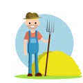 Village farmer with a pitchfork. Cartoon flat illustration