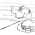 Village, fields, graphic background. Landscape sketch