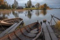 village fishing boat made of boards in the Kizhi Museum Reserve in the north of Russia on Lake Onega with docks and a pier Royalty Free Stock Photo