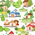 Village of gnomes. Seamless pattern. Fabulous landscape with houses and trees. Huge mushrooms. Cartoon style. Cute