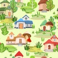 Village of gnomes. Seamless pattern. Fabulous landscape with houses and trees. Huge mushrooms. Cartoon style. Cute