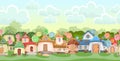 Village of gnomes. Sweet caramel fairy house. Summer cute landscape. Seamless horizontal Illustration in cartoon style
