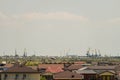 Village of Golubitskaya. Small resort coastal settlement with view of Temryuk port on hazy horizon.