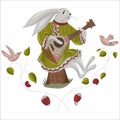 A village hare in a folk costume with an ornament plays the Russian balalaika instrument. Easter bunny.