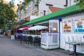 The village of Harrison Hot Springs. Street view of the Harrison Vilage restaurants and cafe. View of touristic places Royalty Free Stock Photo