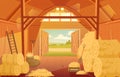 Village haystack wooden barn interior, rural dried hay shed room. Farming haymow storage, haystacks wooden village building vector