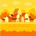 Village and hills flat landscape.Flat design rural landscape illustration with a country house, arable land, hills and mountains.